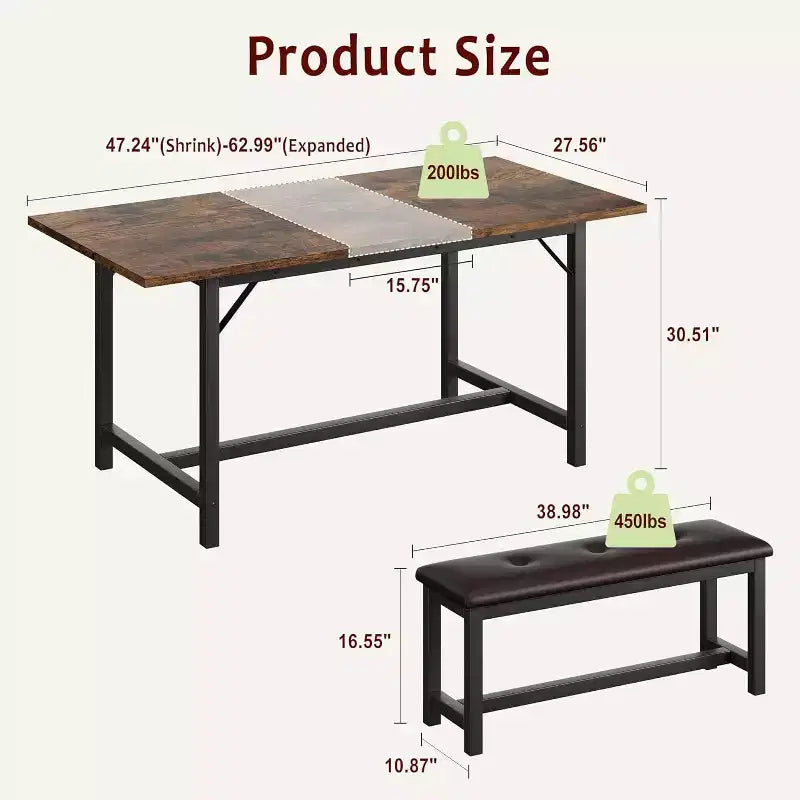 Set tavolo da pranzo allungabile in stile rustico per 4/6 persone, con due panche imbottite, per casa, sala da pranzo, marrone rustico
