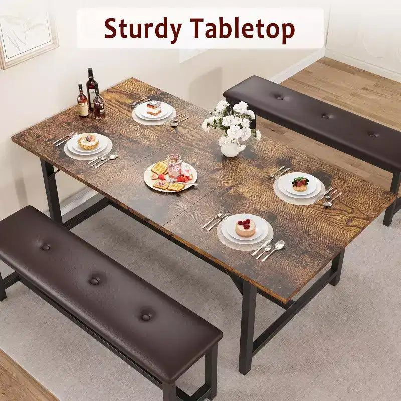 Set tavolo da pranzo allungabile in stile rustico per 4/6 persone, con due panche imbottite, per casa, sala da pranzo, marrone rustico