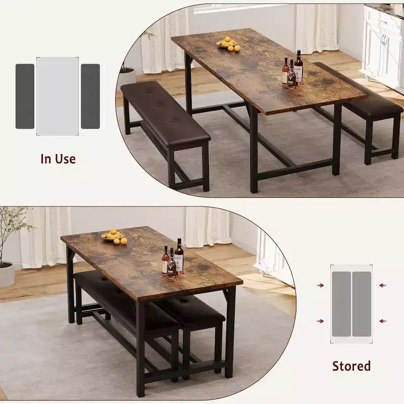 Set tavolo da pranzo allungabile in stile rustico per 4/6 persone, con due panche imbottite, per casa, sala da pranzo, marrone rustico