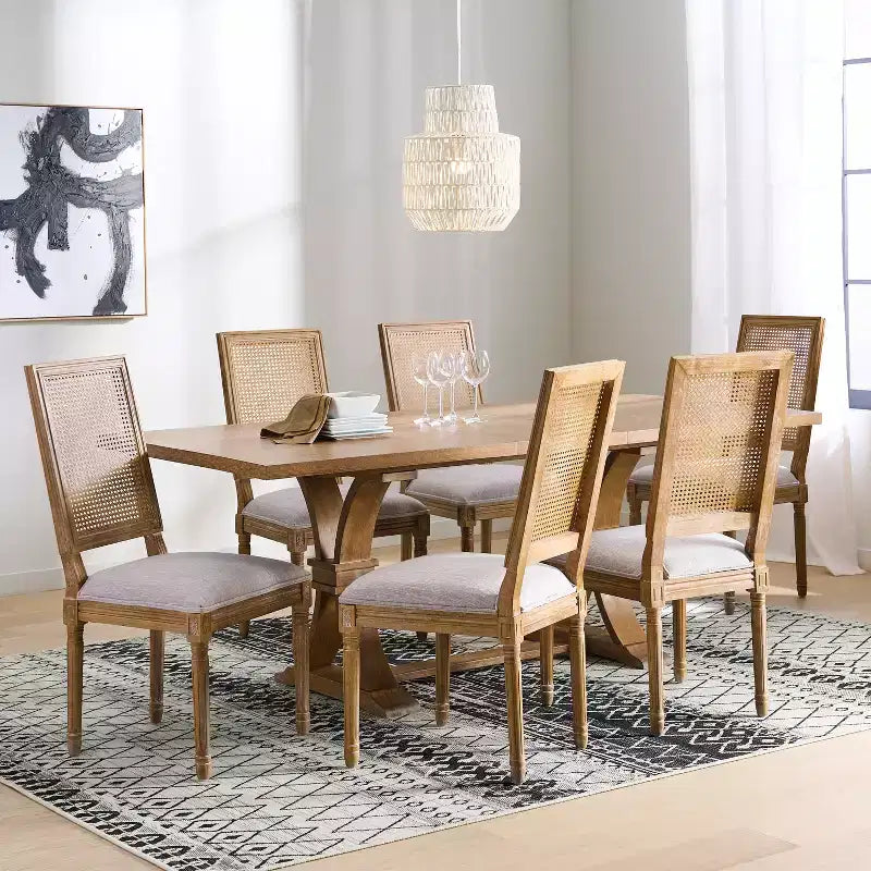 Set da pranzo espandibile Christopher Knight Home Pampas in 7 pezzi in legno, tessuto e canna, stile country francese