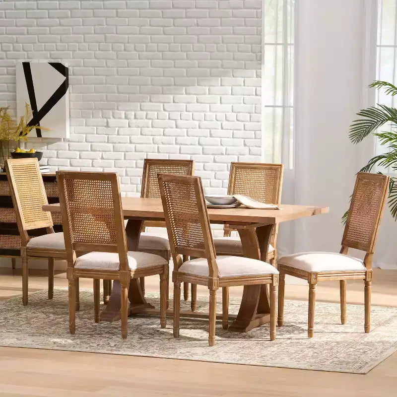 Set da pranzo espandibile Christopher Knight Home Pampas in 7 pezzi in legno, tessuto e canna, stile country francese