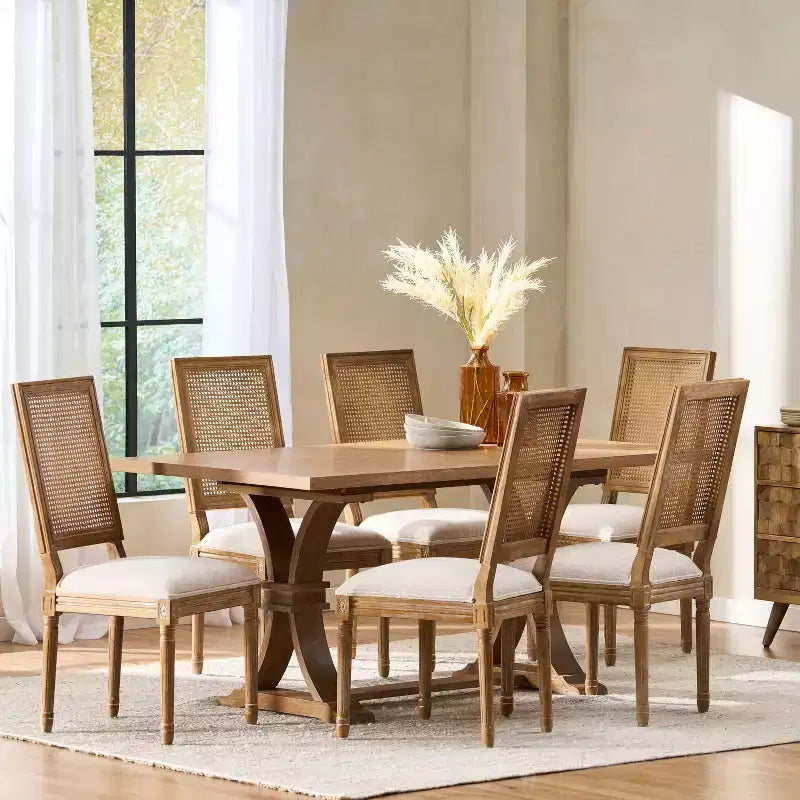 Christopher Knight Home Pampas French Country Fabric Upholstered Wood and Cane 7 Piece Expandable Dining Set