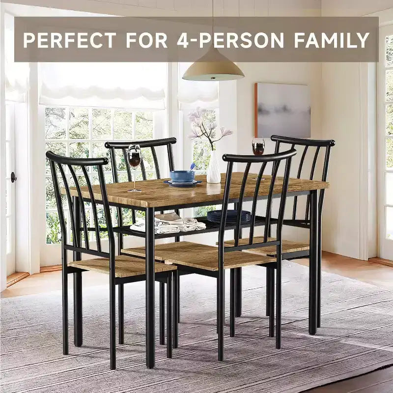 Coolmee Set da Pranzo Rustico 5 Pezzi - Tavolo e Sedie per 4 con Ripiano Portaoggetti