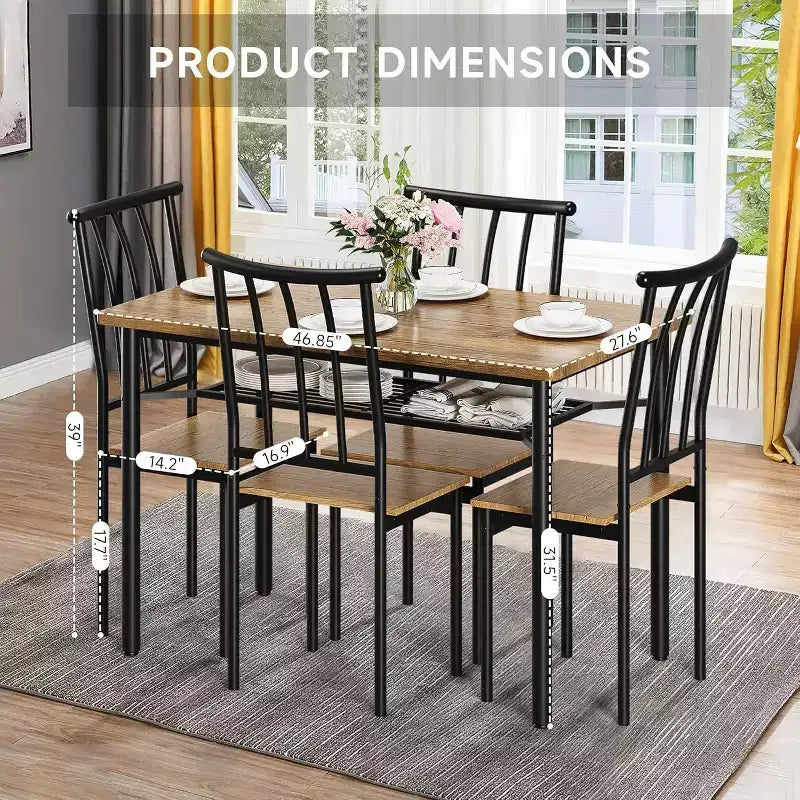 Coolmee Set da Pranzo Rustico 5 Pezzi - Tavolo e Sedie per 4 con Ripiano Portaoggetti