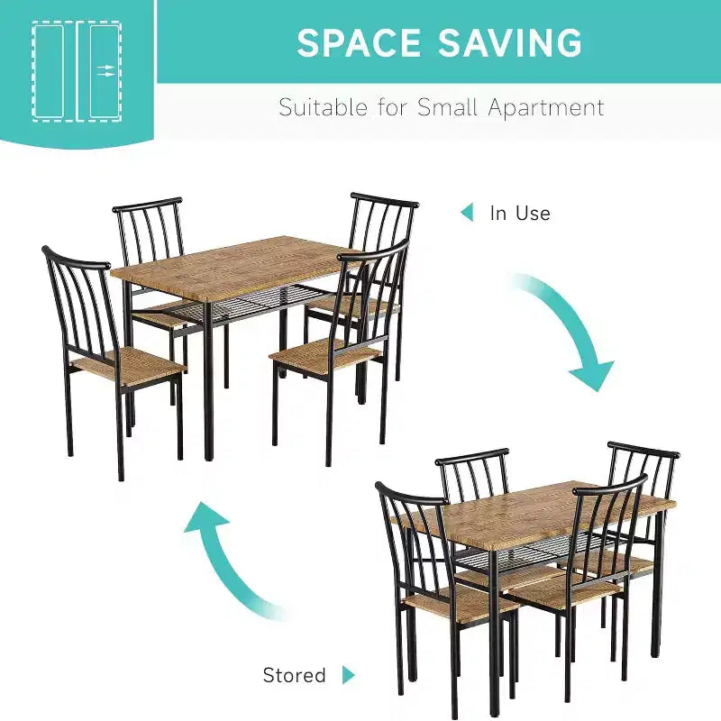 Coolmee Set da Pranzo Rustico 5 Pezzi - Tavolo e Sedie per 4 con Ripiano Portaoggetti