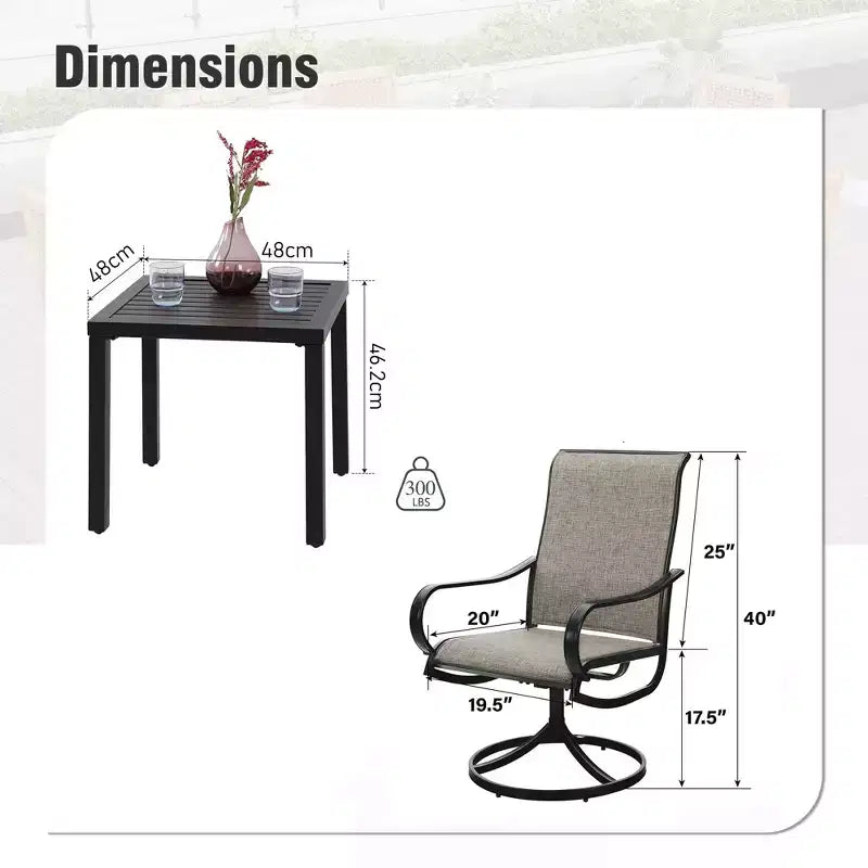 Captiva Designs Tavolo Bistrot Quadrato 3 Pezzi per Patio e Sedie Girevoli con Tessuto Textilene Grigio-Marrone