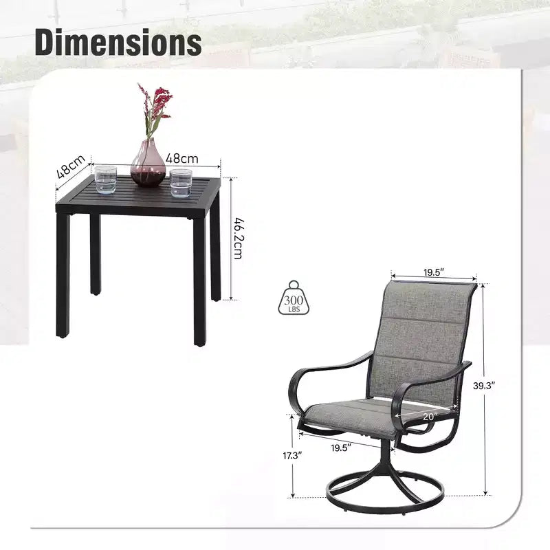 Captiva Designs Tavolo Bistrot Quadrato 3 Pezzi per Patio e Sedie Girevoli con Tessuto Textilene Grigio-Marrone