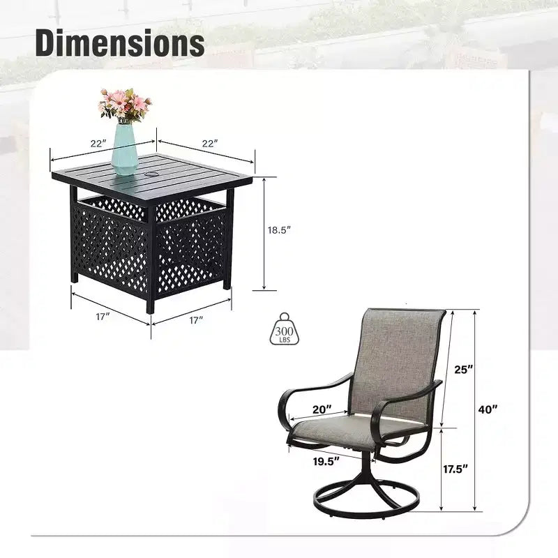 Captiva Designs Tavolo Bistrot Quadrato 3 Pezzi per Patio e Sedie Girevoli con Tessuto Textilene Grigio-Marrone