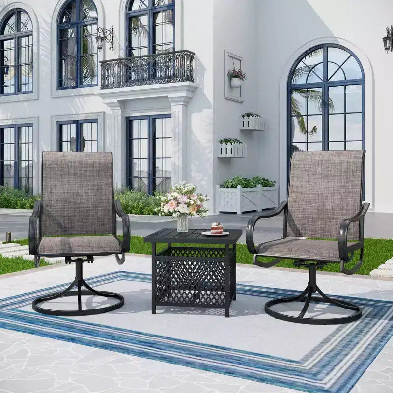 Set da bistrot da patio Captiva Designs, 3 pezzi, con tavolo quadrato e sedie girevoli con imbracatura in Textilene marrone grigiastro