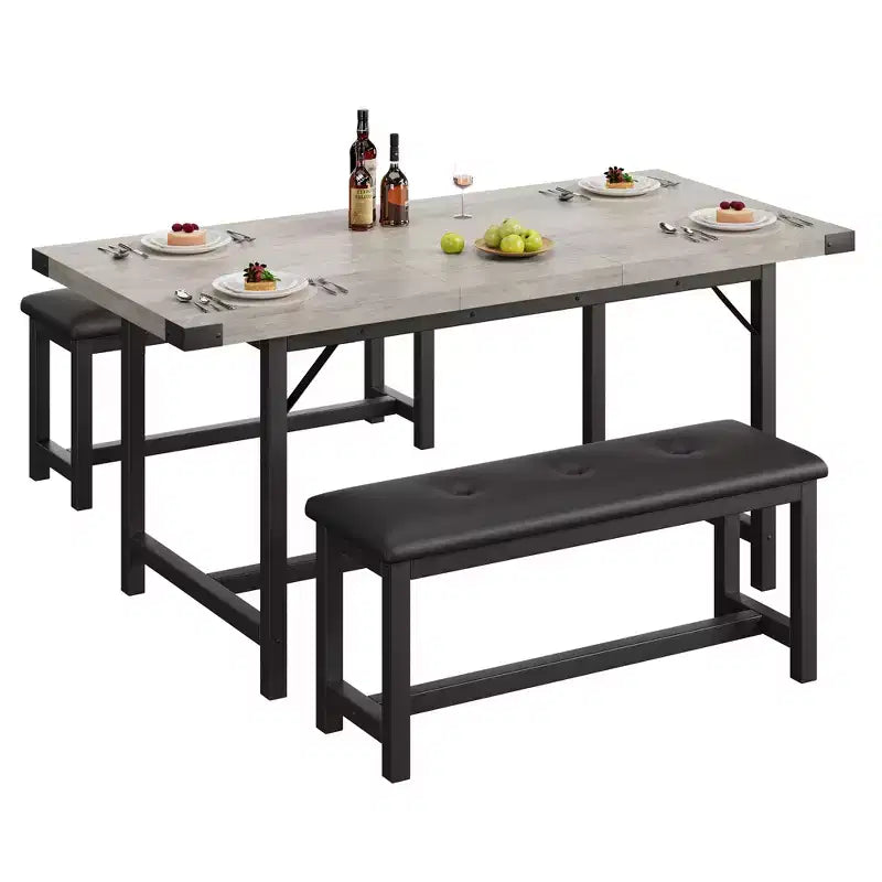 Set tavolo da pranzo per 4-6 persone, tavolo da cucina allungabile da 63 pollici e panca, set tavolo rettangolare con struttura in metallo e 2 panche imbottite per sala da pranzo, appartamento