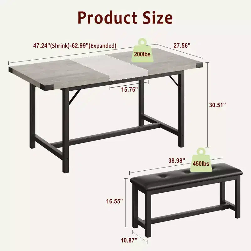 Set tavolo da pranzo per 4-6 persone, tavolo da cucina allungabile da 63 pollici e panca, set tavolo rettangolare con struttura in metallo e 2 panche imbottite per sala da pranzo, appartamento