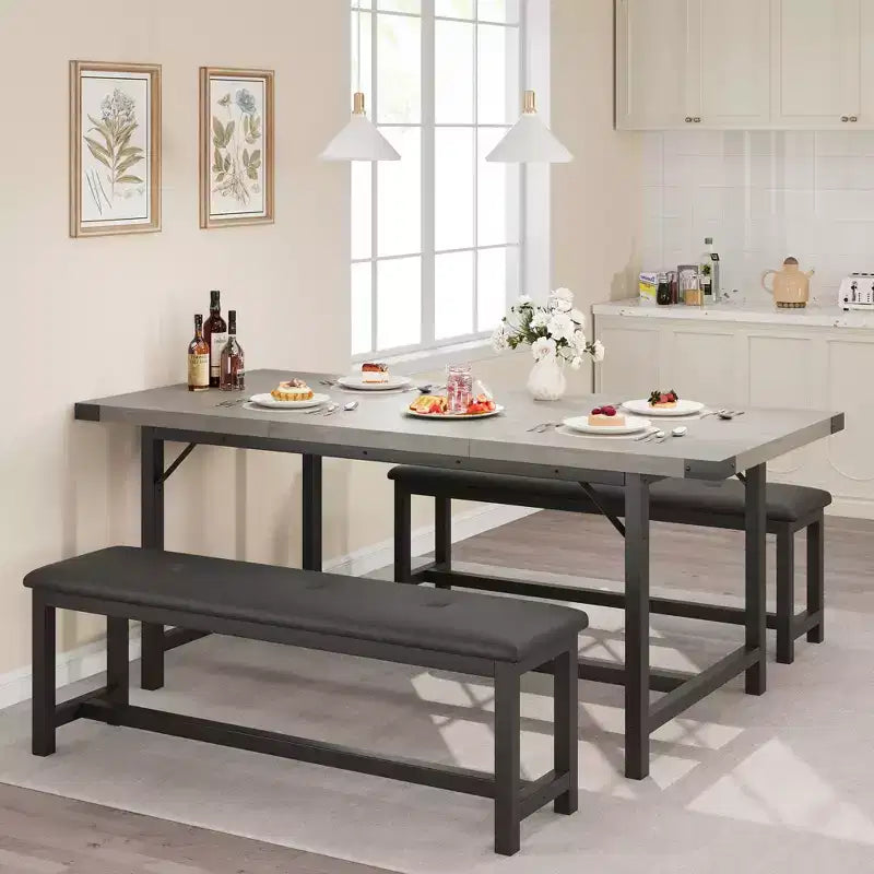 Set tavolo da pranzo per 4-6 persone, tavolo da cucina allungabile da 63 pollici e panca, set tavolo rettangolare con struttura in metallo e 2 panche imbottite per sala da pranzo, appartamento