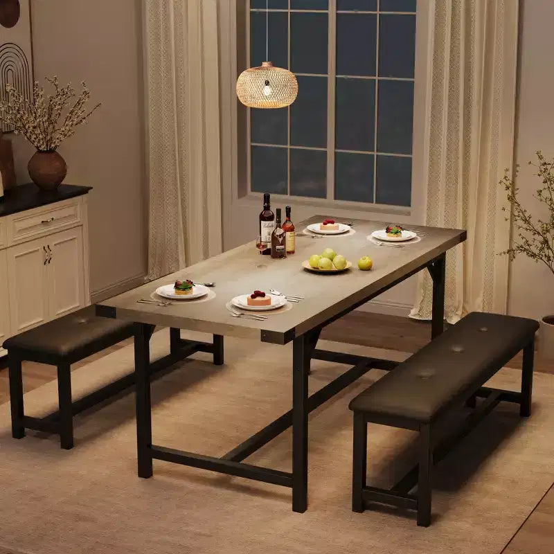 Set tavolo da pranzo per 4-6 persone, tavolo da cucina allungabile da 63 pollici e panca, set tavolo rettangolare con struttura in metallo e 2 panche imbottite per sala da pranzo, appartamento