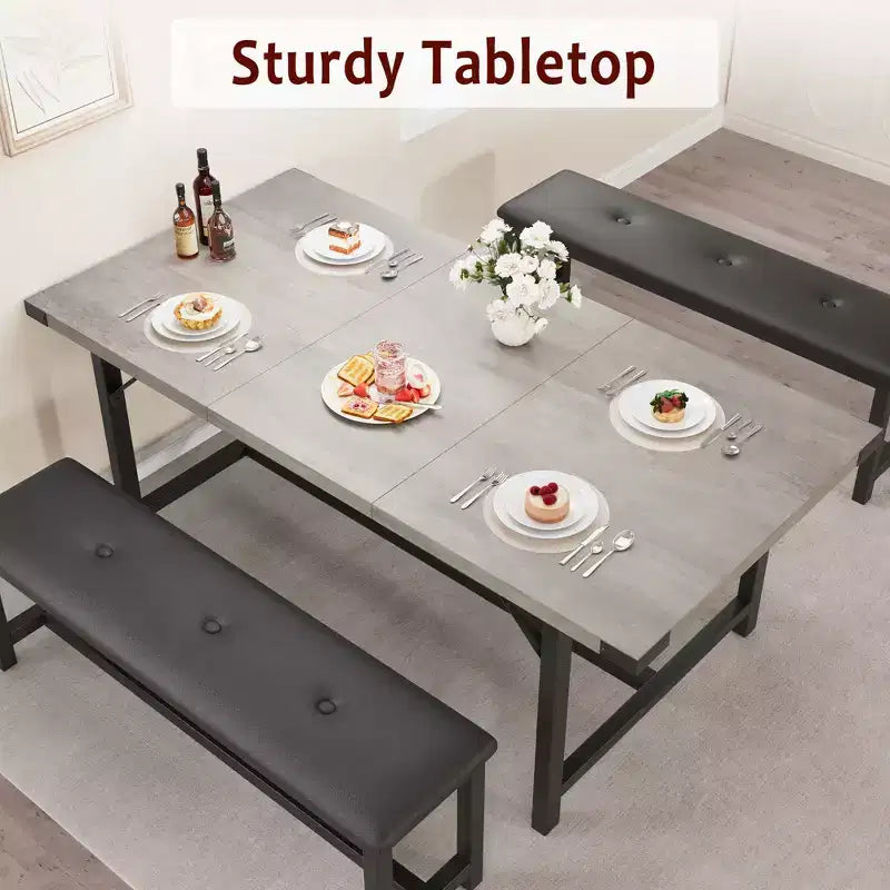 Set tavolo da pranzo per 4-6 persone, tavolo da cucina allungabile da 63 pollici e panca, set tavolo rettangolare con struttura in metallo e 2 panche imbottite per sala da pranzo, appartamento
