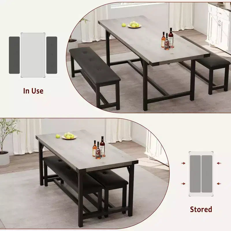 Set tavolo da pranzo per 4-6 persone, tavolo da cucina allungabile da 63 pollici e panca, set tavolo rettangolare con struttura in metallo e 2 panche imbottite per sala da pranzo, appartamento