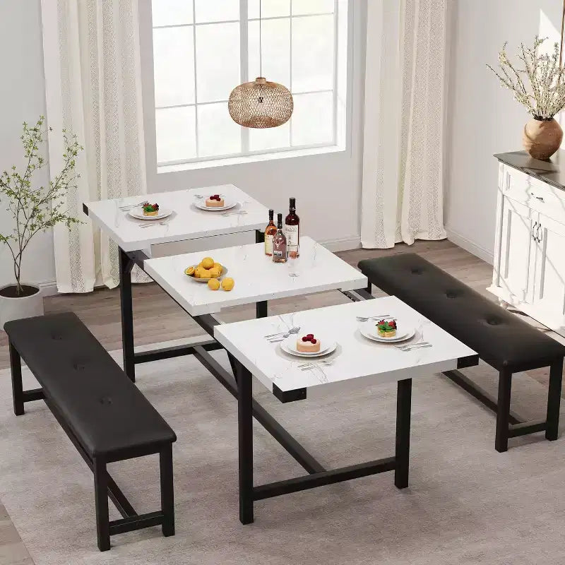 Set tavolo da pranzo per 4-6 persone, tavolo da cucina allungabile da 63 pollici e panca, set tavolo rettangolare con struttura in metallo e 2 panche imbottite per sala da pranzo, appartamento