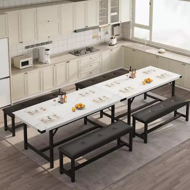 Set tavolo da pranzo per 4-6 persone, tavolo da cucina allungabile da 63 pollici e panca, set tavolo rettangolare con struttura in metallo e 2 panche imbottite per sala da pranzo, appartamento