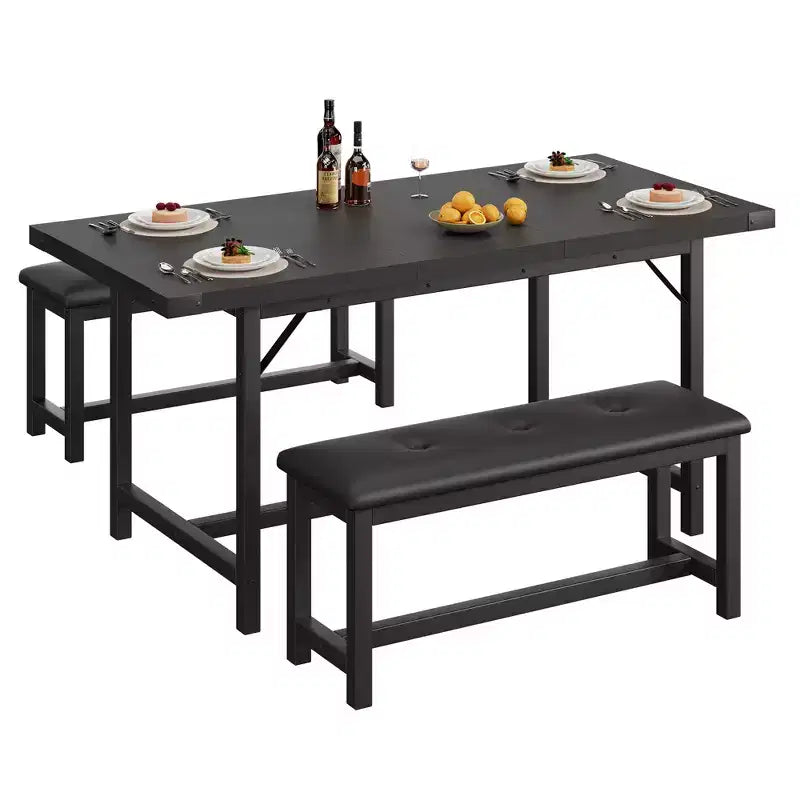 Set tavolo da pranzo per 4-6 persone, tavolo da cucina allungabile da 63 pollici e panca, set tavolo rettangolare con struttura in metallo e 2 panche imbottite per sala da pranzo, appartamento