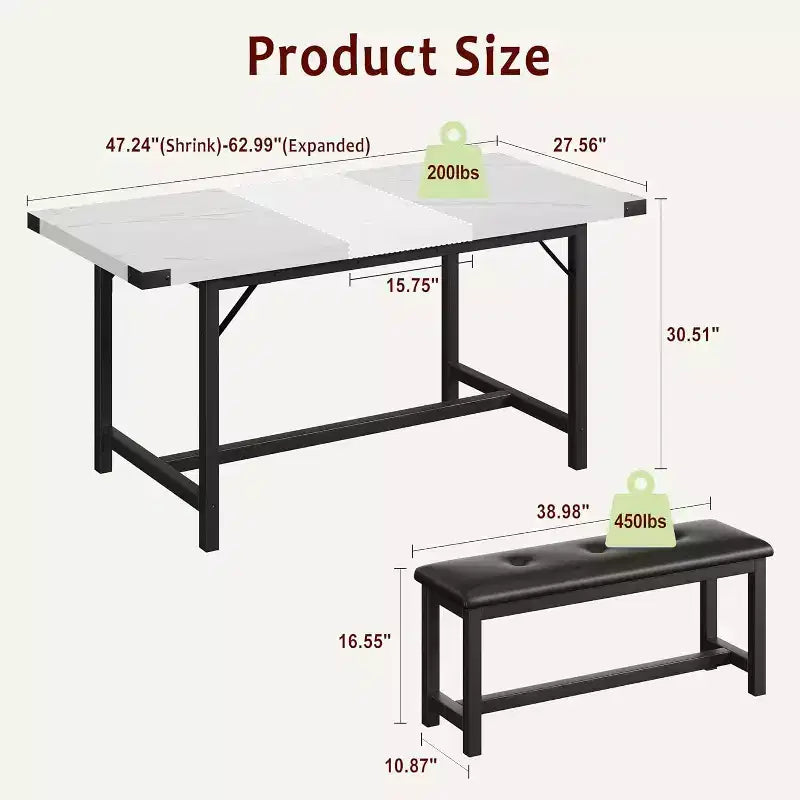 Set tavolo da pranzo per 4-6 persone, tavolo da cucina allungabile da 63 pollici e panca, set tavolo rettangolare con struttura in metallo e 2 panche imbottite per sala da pranzo, appartamento