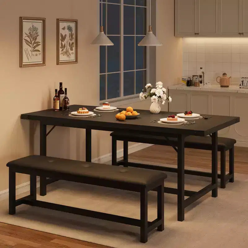 Set tavolo da pranzo per 4-6 persone, tavolo da cucina allungabile da 63 pollici e panca, set tavolo rettangolare con struttura in metallo e 2 panche imbottite per sala da pranzo, appartamento