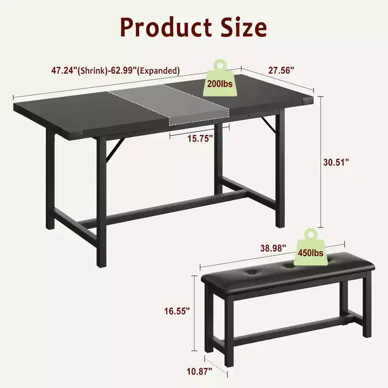 Set tavolo da pranzo per 4-6 persone, tavolo da cucina allungabile da 63 pollici e panca, set tavolo rettangolare con struttura in metallo e 2 panche imbottite per sala da pranzo, appartamento