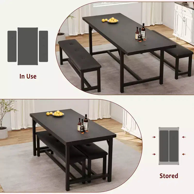 Set tavolo da pranzo per 4-6 persone, tavolo da cucina allungabile da 63 pollici e panca, set tavolo rettangolare con struttura in metallo e 2 panche imbottite per sala da pranzo, appartamento