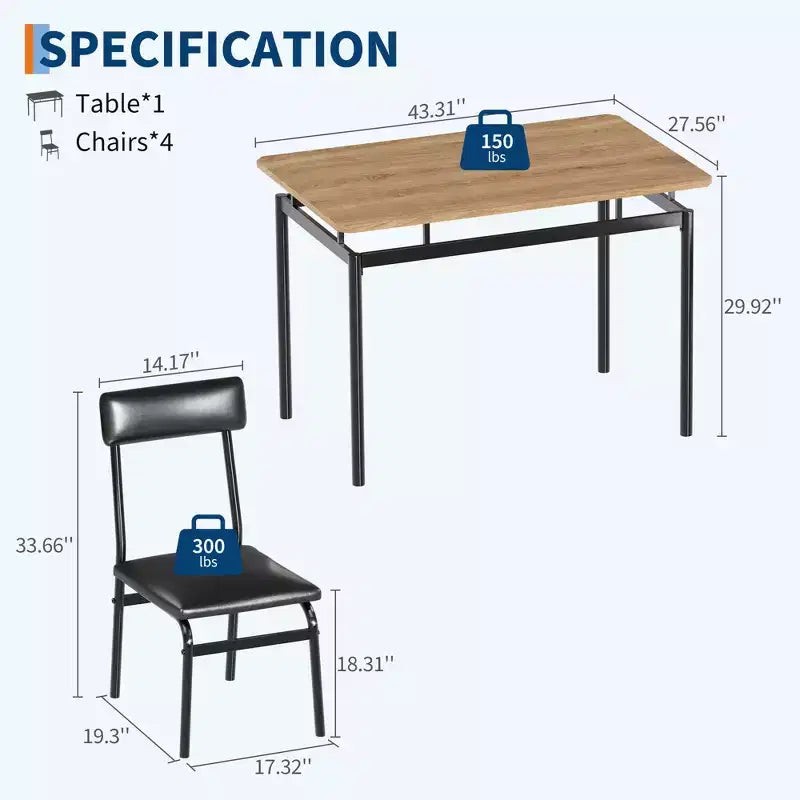 Set da tavolo da pranzo per 4 persone, set da pranzo in legno di 5 pezzi, 4 sedie imbottite in PU, set da pranzo con struttura in metallo per sala da pranzo, feste, appartamento