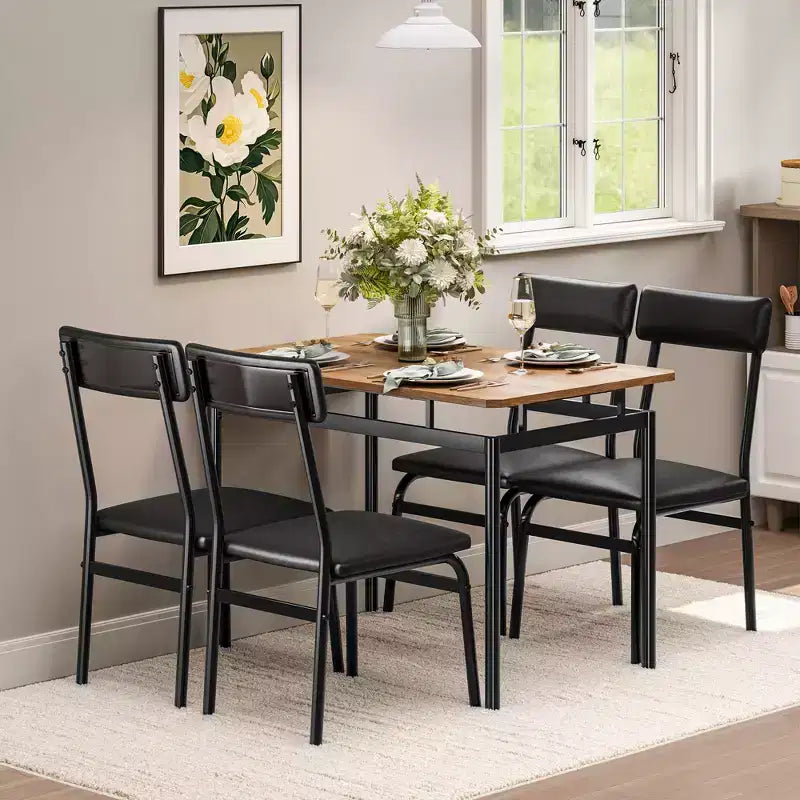 Set da tavolo da pranzo per 4 persone, set da pranzo in legno di 5 pezzi, 4 sedie imbottite in PU, set da pranzo con struttura in metallo per sala da pranzo, feste, appartamento