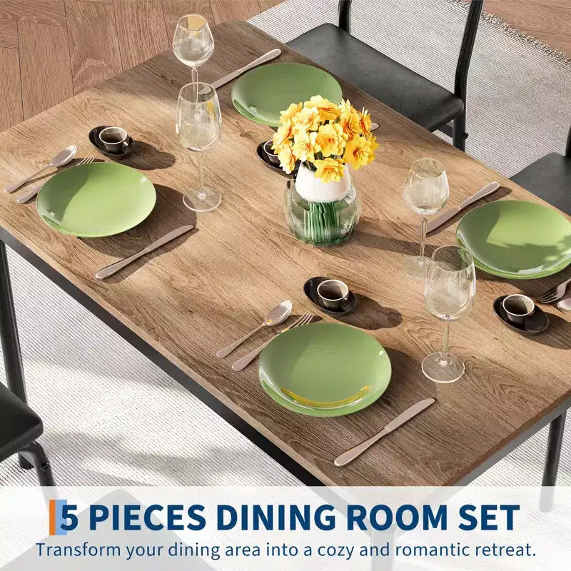 Set da tavolo da pranzo per 4 persone, set da pranzo in legno di 5 pezzi, 4 sedie imbottite in PU, set da pranzo con struttura in metallo per sala da pranzo, feste, appartamento
