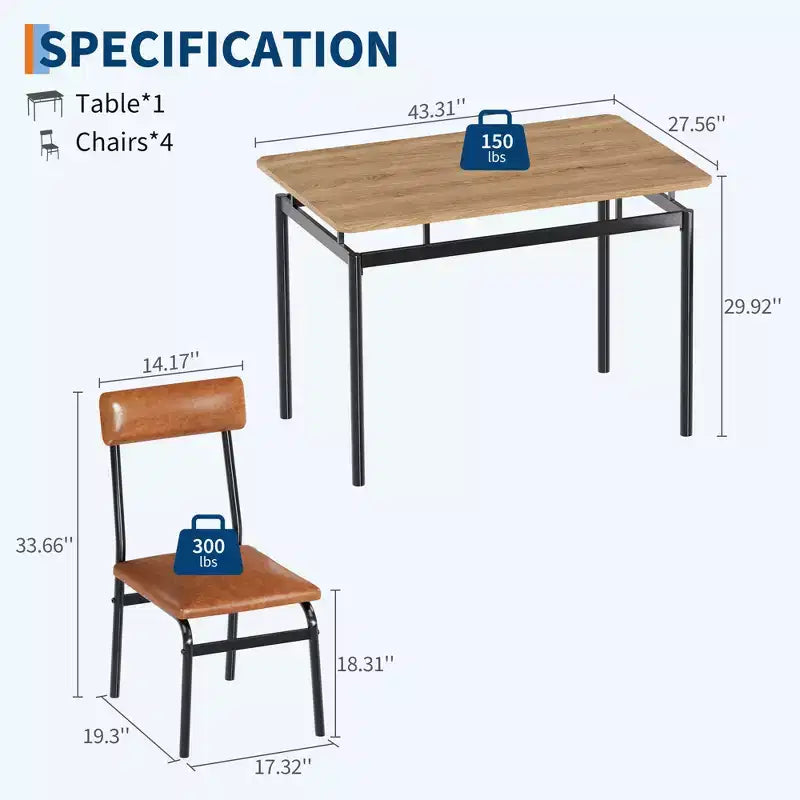 Set da tavolo da pranzo per 4 persone, set da pranzo in legno di 5 pezzi, 4 sedie imbottite in PU, set da pranzo con struttura in metallo per sala da pranzo, feste, appartamento