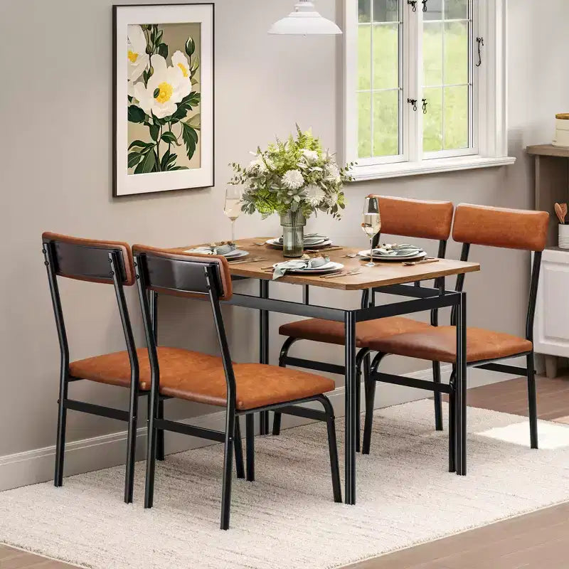 Set da tavolo da pranzo per 4 persone, set da pranzo in legno di 5 pezzi, 4 sedie imbottite in PU, set da pranzo con struttura in metallo per sala da pranzo, feste, appartamento