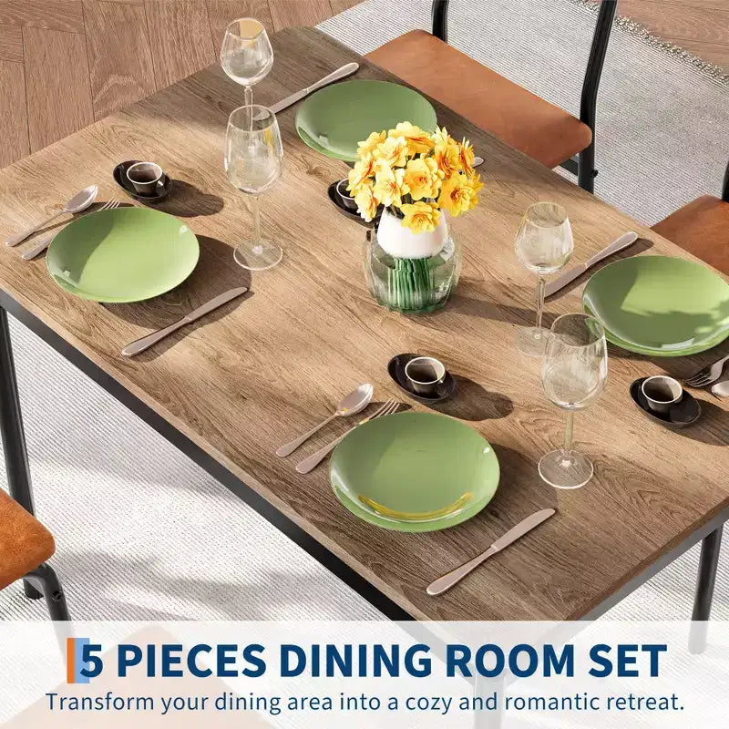 Set da tavolo da pranzo per 4 persone, set da pranzo in legno di 5 pezzi, 4 sedie imbottite in PU, set da pranzo con struttura in metallo per sala da pranzo, feste, appartamento