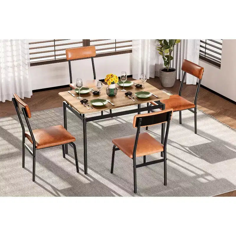 Set da tavolo da pranzo per 4 persone, set da pranzo in legno di 5 pezzi, 4 sedie imbottite in PU, set da pranzo con struttura in metallo per sala da pranzo, feste, appartamento