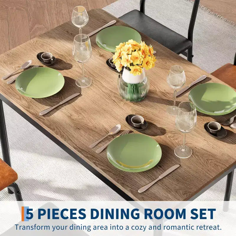 Set da tavolo da pranzo per 4 persone, set da pranzo in legno di 5 pezzi, 4 sedie imbottite in PU, set da pranzo con struttura in metallo per sala da pranzo, feste, appartamento