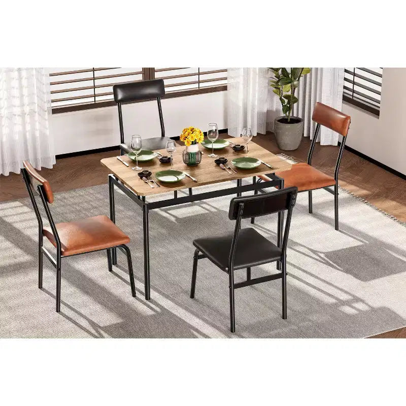 Set da tavolo da pranzo per 4 persone, set da pranzo in legno di 5 pezzi, 4 sedie imbottite in PU, set da pranzo con struttura in metallo per sala da pranzo, feste, appartamento