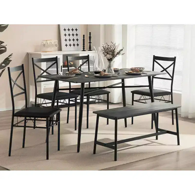 karl Home 1 Tavolo, 1 Sgabello, 4 Sedie, Tubo in Ferro Nero, Cuscino Morbido Grigio, Set Tavolo e Sedie da Pranzo