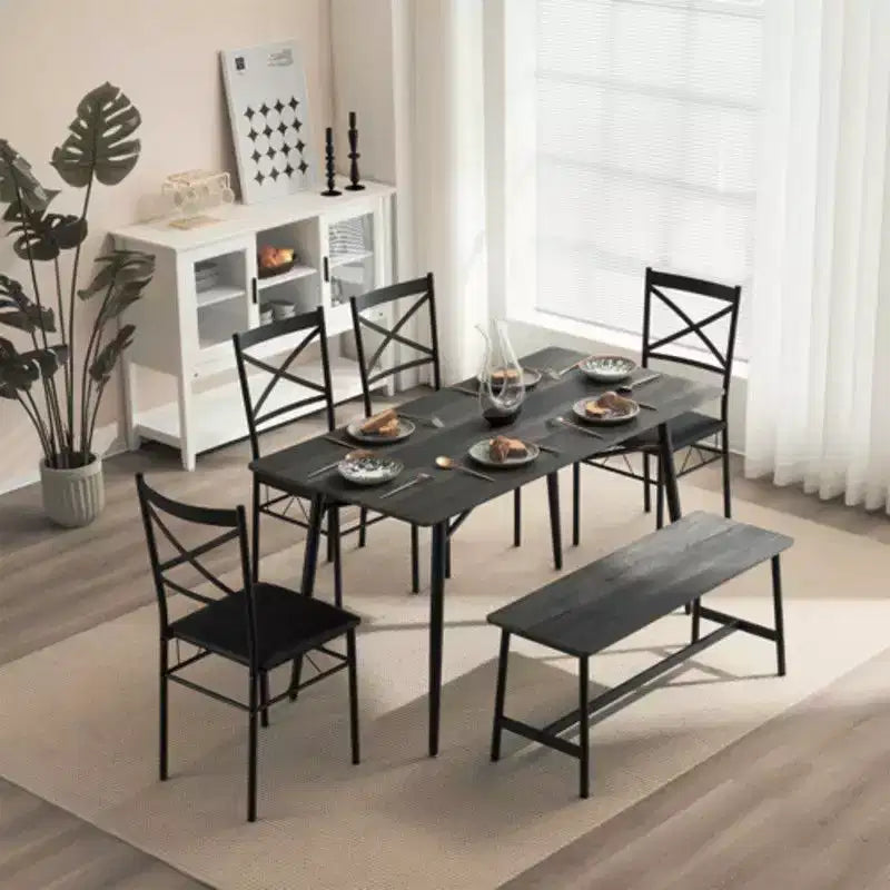 karl Home 1 Tavolo, 1 Sgabello, 4 Sedie, Tubo in Ferro Nero, Cuscino Morbido Grigio, Set Tavolo e Sedie da Pranzo