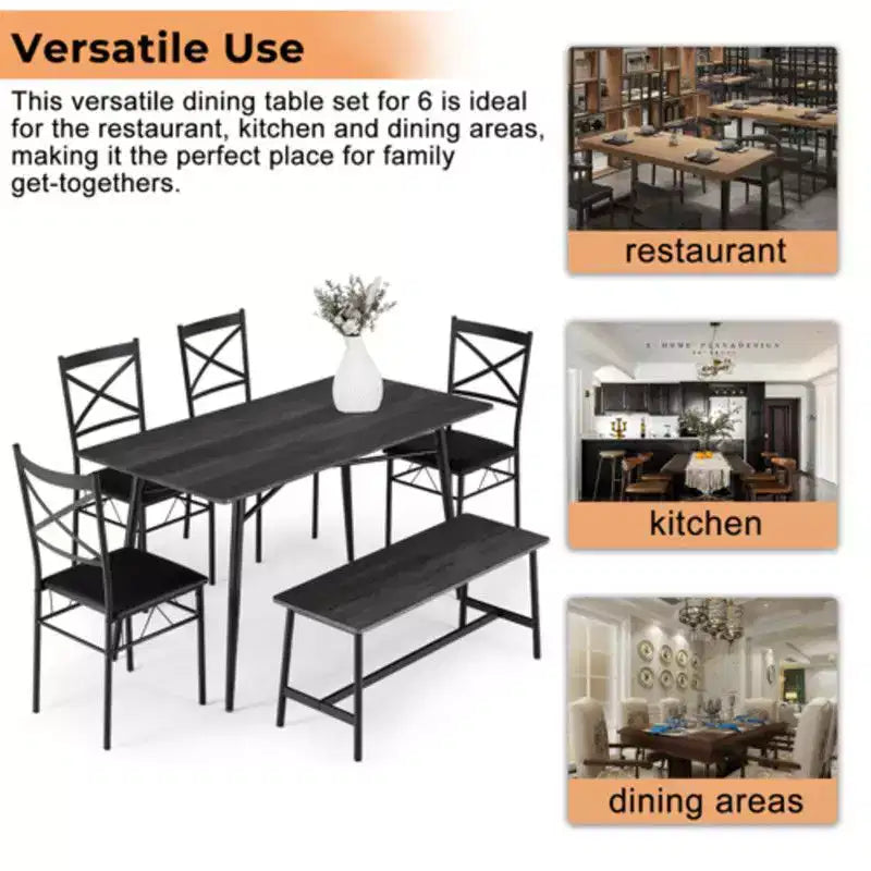 karl Home 1 Tavolo, 1 Sgabello, 4 Sedie, Tubo in Ferro Nero, Cuscino Morbido Grigio, Set Tavolo e Sedie da Pranzo