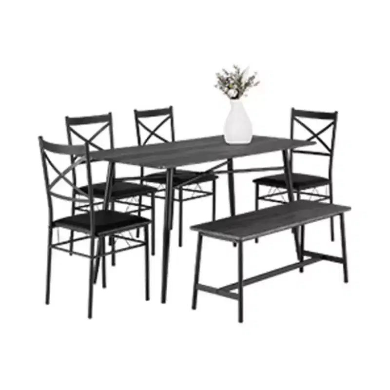 karl Home 1 Tavolo, 1 Sgabello, 4 Sedie, Tubo in Ferro Nero, Cuscino Morbido Grigio, Set Tavolo e Sedie da Pranzo