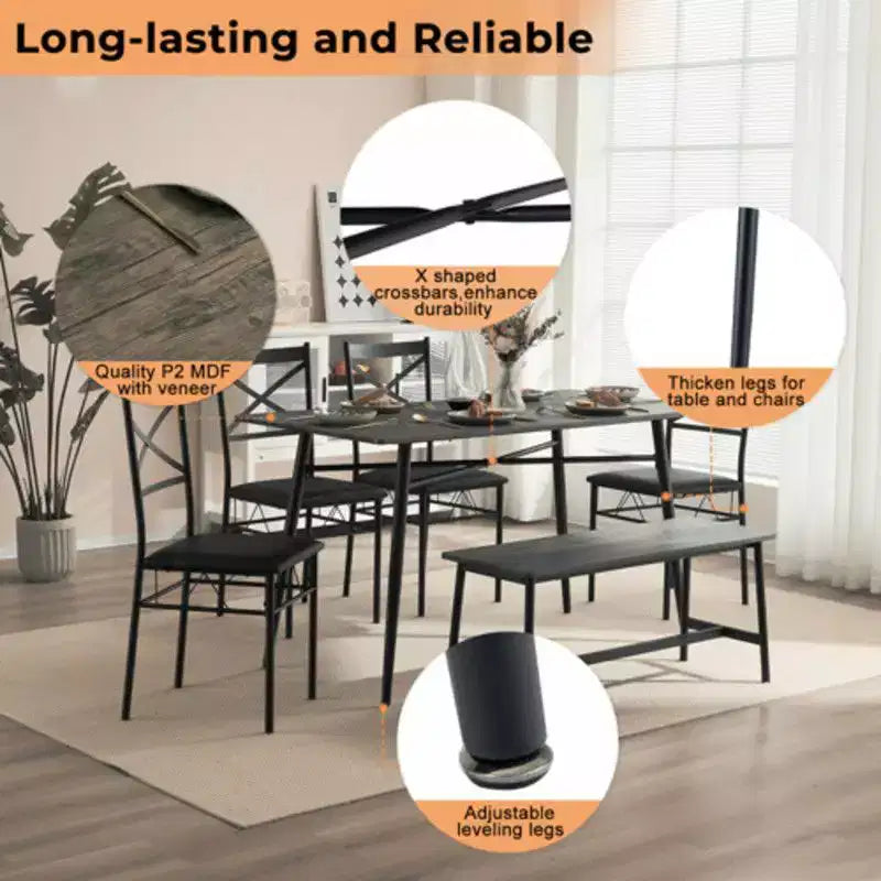 karl Home 1 Tavolo, 1 Sgabello, 4 Sedie, Tubo in Ferro Nero, Cuscino Morbido Grigio, Set Tavolo e Sedie da Pranzo