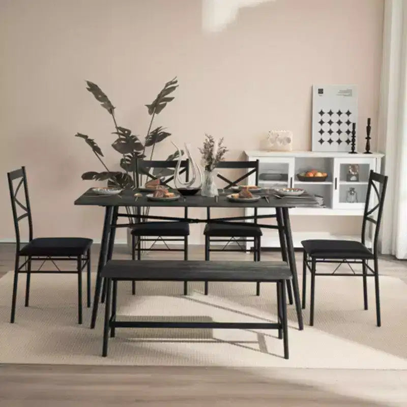 karl Home 1 Tavolo, 1 Sgabello, 4 Sedie, Tubo in Ferro Nero, Cuscino Morbido Grigio, Set Tavolo e Sedie da Pranzo