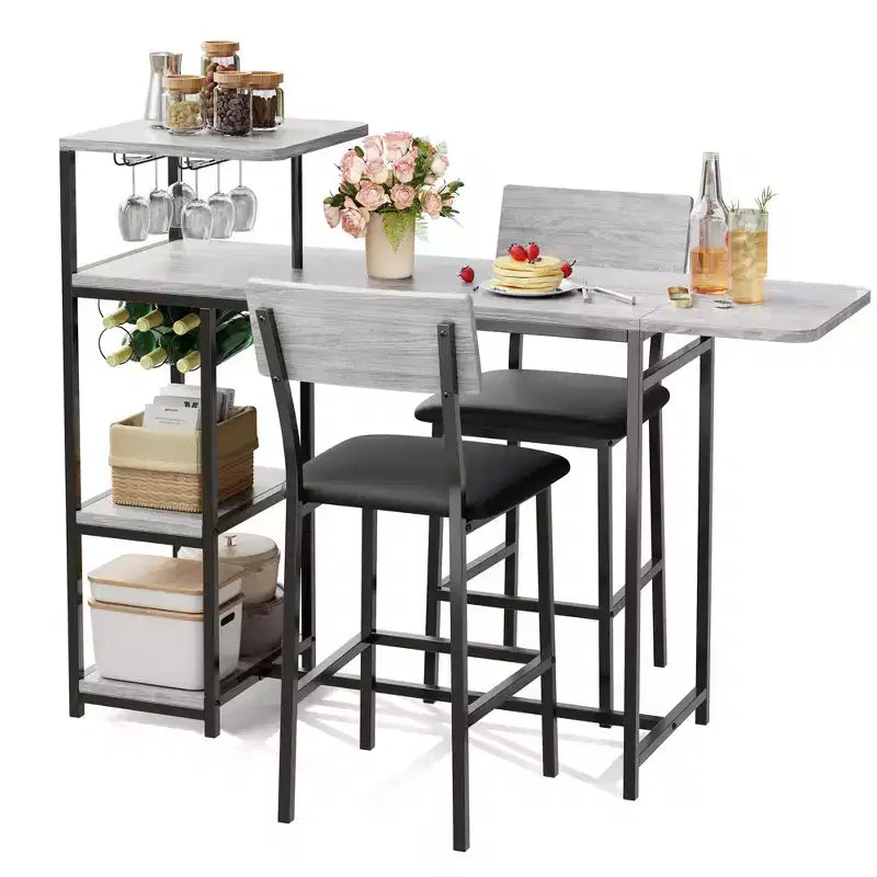 Set da Bar da 3 Pezzi per 2 Persone, Tavolo da Pranzo da Cucina Espandibile con 2 Sgabelli, Set Tavolo e Sedie da Bar Altezza Bancone con Mensola Portaoggetti e Portabottiglie