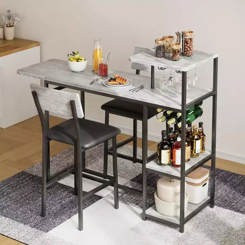 Set da Bar da 3 Pezzi per 2 Persone, Tavolo da Pranzo da Cucina Espandibile con 2 Sgabelli, Set Tavolo e Sedie da Bar Altezza Bancone con Mensola Portaoggetti e Portabottiglie
