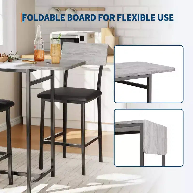 Set da Bar da 3 Pezzi per 2 Persone, Tavolo da Pranzo da Cucina Espandibile con 2 Sgabelli, Set Tavolo e Sedie da Bar Altezza Bancone con Mensola Portaoggetti e Portabottiglie