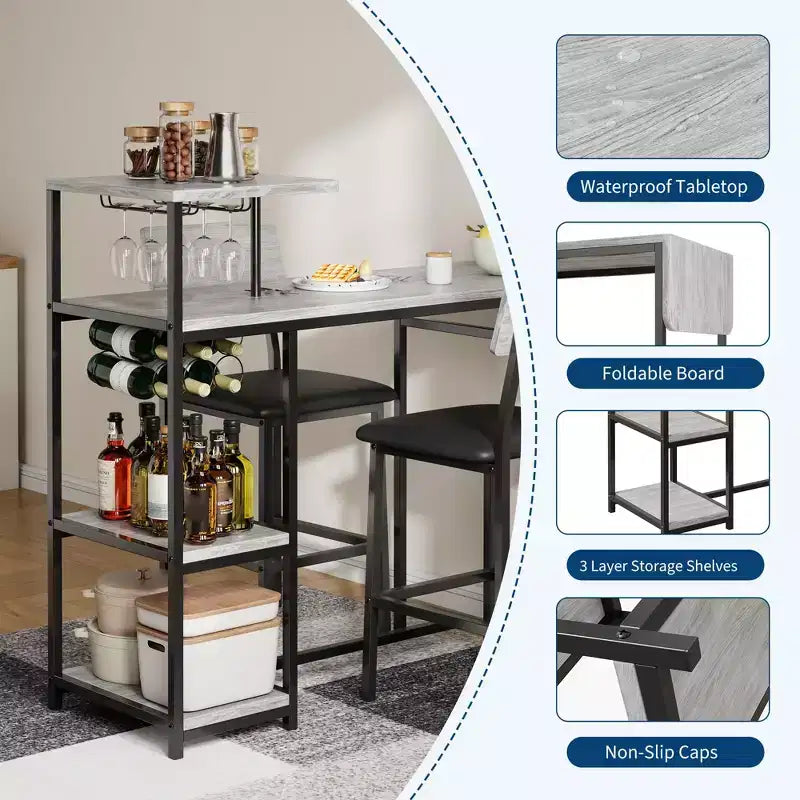 Set da Bar da 3 Pezzi per 2 Persone, Tavolo da Pranzo da Cucina Espandibile con 2 Sgabelli, Set Tavolo e Sedie da Bar Altezza Bancone con Mensola Portaoggetti e Portabottiglie