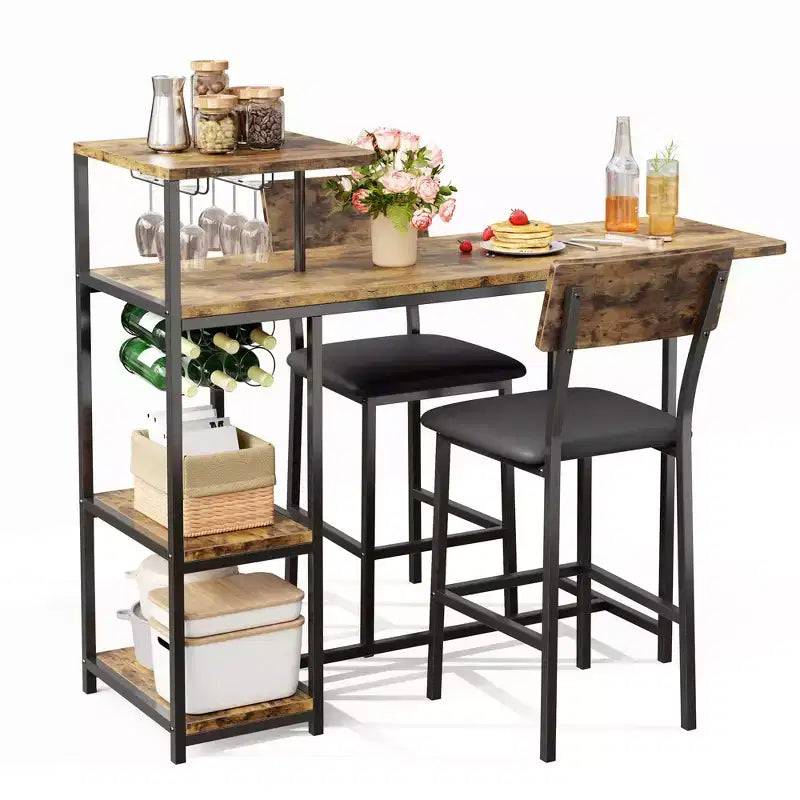Set da Bar da 3 Pezzi per 2 Persone, Tavolo da Pranzo da Cucina Espandibile con 2 Sgabelli, Set Tavolo e Sedie da Bar Altezza Bancone con Mensola Portaoggetti e Portabottiglie