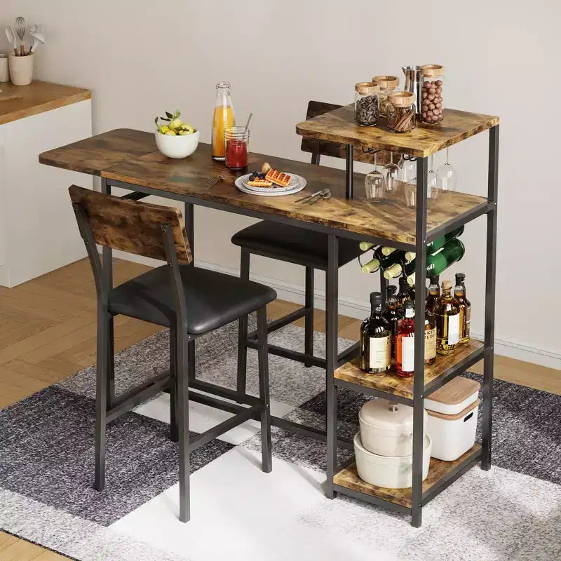 Set da Bar da 3 Pezzi per 2 Persone, Tavolo da Pranzo da Cucina Espandibile con 2 Sgabelli, Set Tavolo e Sedie da Bar Altezza Bancone con Mensola Portaoggetti e Portabottiglie
