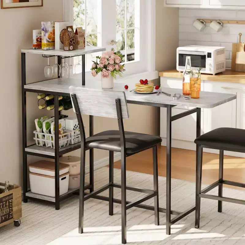 Set da bar da 3 pezzi per 2 persone, tavolo da pranzo da cucina allungabile con 2 sgabelli, set di tavolo e sedie da bar ad altezza bancone con ripiano portaoggetti e portabottiglie