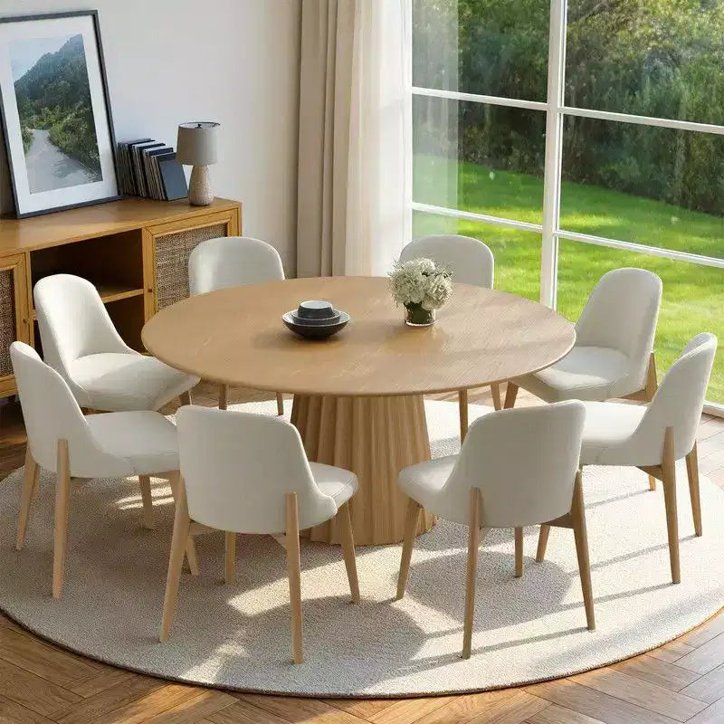 PexFix 60 Set Tavolo da Pranzo Rotondo Moderno con 8 Sedie Imbottite Piano in Legno Naturale Testurizzato Base a Piedistallo Pieghettata Sedute Beige per Cucina Sala da Pranzo