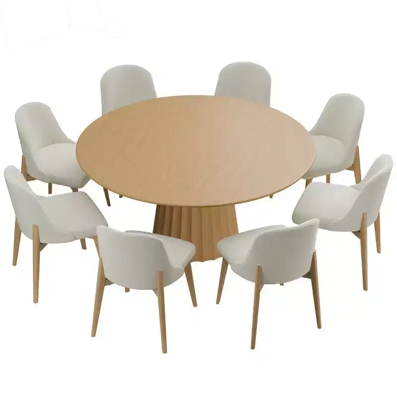 PexFix 60 Set Tavolo da Pranzo Rotondo Moderno con 8 Sedie Imbottite Piano in Legno Naturale Testurizzato Base a Piedistallo Pieghettata Sedute Beige per Cucina Sala da Pranzo